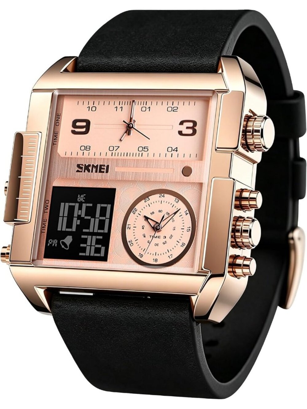 Men's Rose Gold Black LED Square Large Face Analog Quartz Digital Sports Watch
